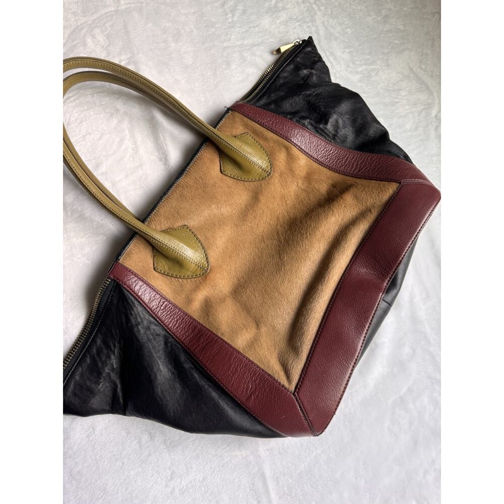 Pour La Victoire Calf Pony Hair Leather Colorblock Tote Bag Burgundy Black - Picture 8 of 13